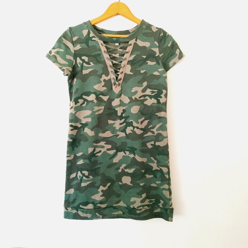 Camoflauge lace up shirt dress sweatshirt material xs